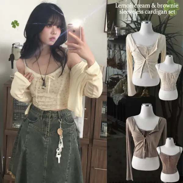 [TALK SODA] Vintage Mori Girl Ribbon Sleeveless + Cardigan Set (2color)