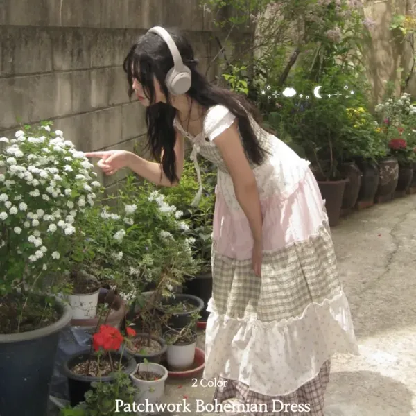 [TALK SODA] Tiny Floral Patchwork Smocked Banding Long Dress_Green