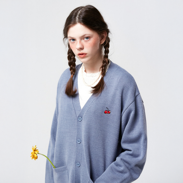 SMALL CHERRY V NECK CARDIGAN KS_BLUE