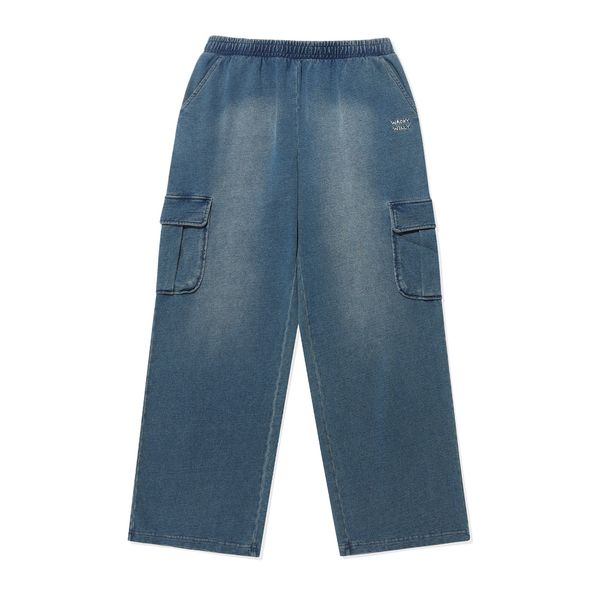 [Wacky Willy] [25FW] Women's Jersey Denim Washed Semi-Wide Cargo Pants Blue