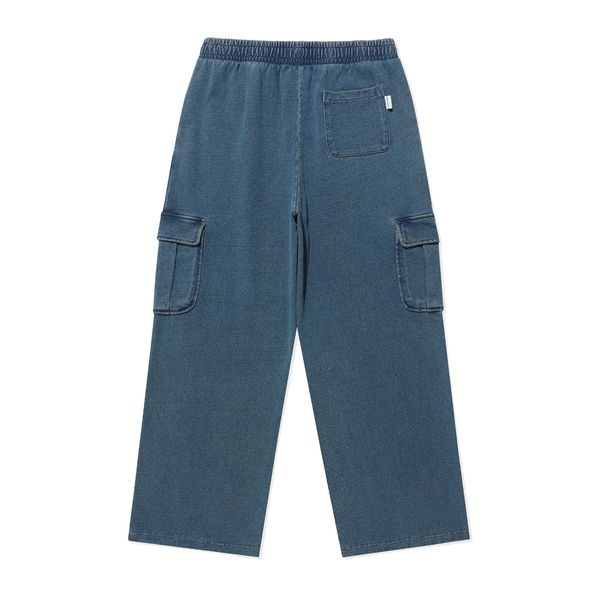 [Wacky Willy] [25FW] Women's Jersey Denim Washed Semi-Wide Cargo Pants Blue