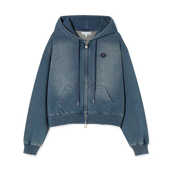 [Wacky Willy x GISELLE] [25FW] Women's Denim Washed Crop Hoodie Jacket Blue