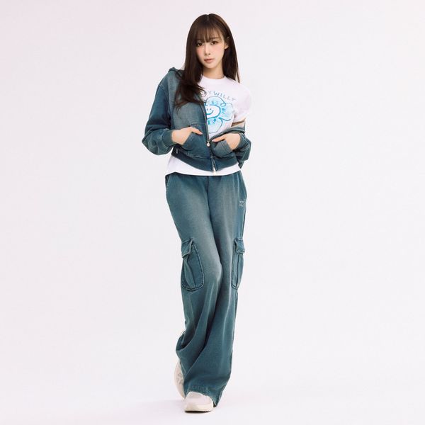 [Wacky Willy x GISELLE] [25FW] Women's Jersey Denim Washed Cargo Pants Blue