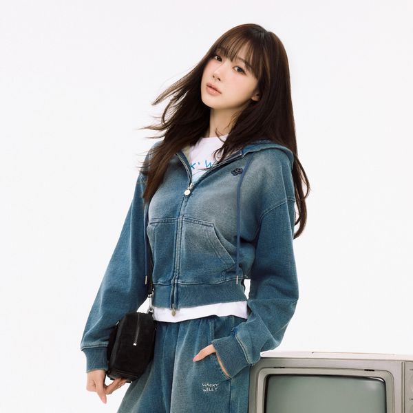 [Wacky Willy x GISELLE] [25FW] Women's Denim Washed Crop Hoodie Jacket Blue