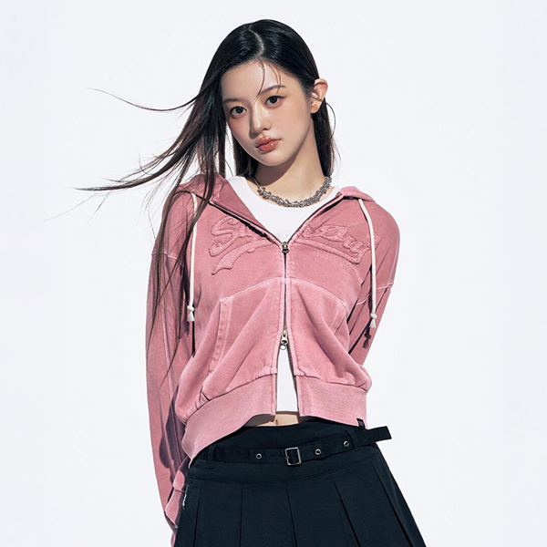 [아일릿 민주 착용] [슈퍼드라이] 여성 빈티지 아플리케 집업 후디 더스티핑크