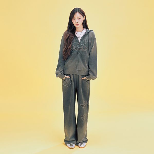 [Wacky Willy] [26SS] Women's Appliqué Denim-Washed Semi-Wide Pants Dark Gray