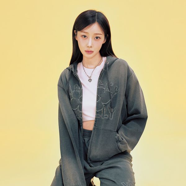 [Wacky Willy] [26SS] Women's Appliqué Denim-Washed Zip-Up Hoodie Dark Gray