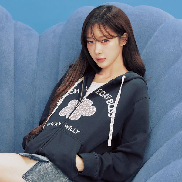 [Wacky Willy] [26SS] Women's Appliqué Oversized Zip-Up Hoodie Navy