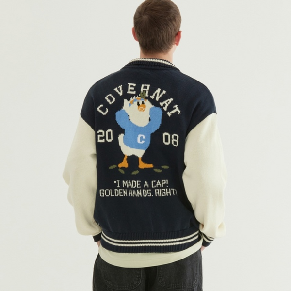 [COVERNAT x SOOBIN] 鸭子图案针织棒球夹克_海军蓝 L