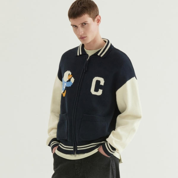 [COVERNAT x SOOBIN] 鸭子图案针织棒球夹克_海军蓝 L