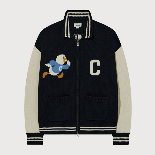 [COVERNAT x SOOBIN] 鸭子图案针织棒球夹克_海军蓝 L