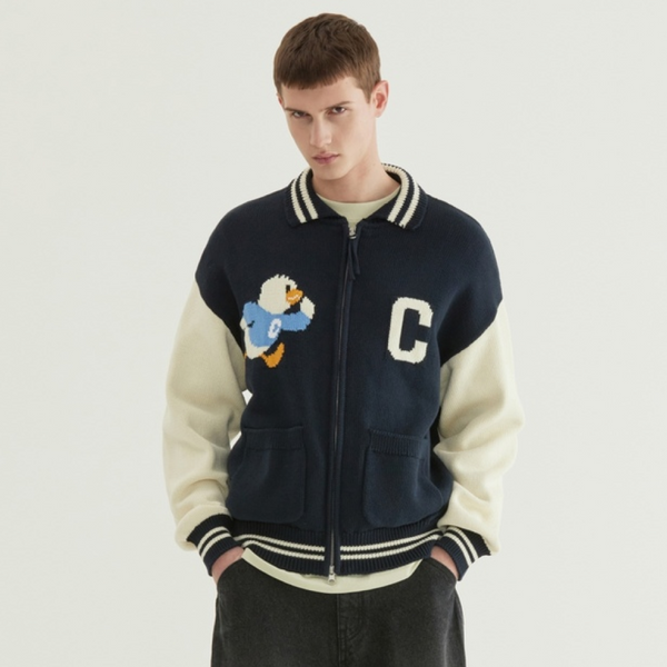 [COVERNAT x SOOBIN] 鸭子图案针织棒球夹克_海军蓝 L